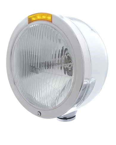 (BOX) S.S. "BULLET" HALF-MOON PETERBILT H4 HALOGEN HEADLIGHT W/ 4 AMBER LED SIGNAL LIGHT - AMBER LENS (BOX) S.S. "BULLET" HALF-MOON PETERBILT H4 HALOGEN HEADLIGHT W/ 4 AMBER LED SIGNAL LIGHT - AMBER LENS