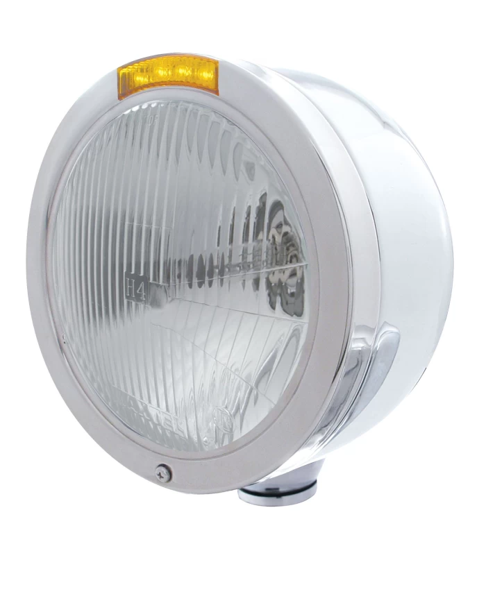 (BOX) S.S. "BULLET" HALF-MOON PETERBILT H4 HALOGEN HEADLIGHT W/ 4 AMBER LED SIGNAL LIGHT - AMBER LENS