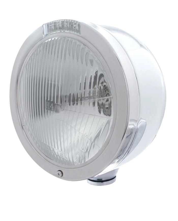 (BOX) S.S. "BULLET" HALF-MOON PETERBILT H4 HALOGEN HEADLIGHT W/ 4 AMBER LED SIGNAL LIGHT - CLEAR LENS (BOX) S.S. "BULLET" HALF-MOON PETERBILT H4 HALOGEN HEADLIGHT W/ 4 AMBER LED SIGNAL LIGHT - CLEAR LENS