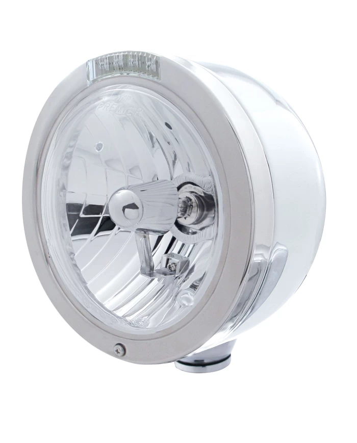 (BOX) S.S. "BULLET" HALF-MOON PETERBILT CRYSTAL H4 HALOGEN HEADLIGHT W/ 4 AMBER LED SIGNAL LIGHT - CLEAR LENS