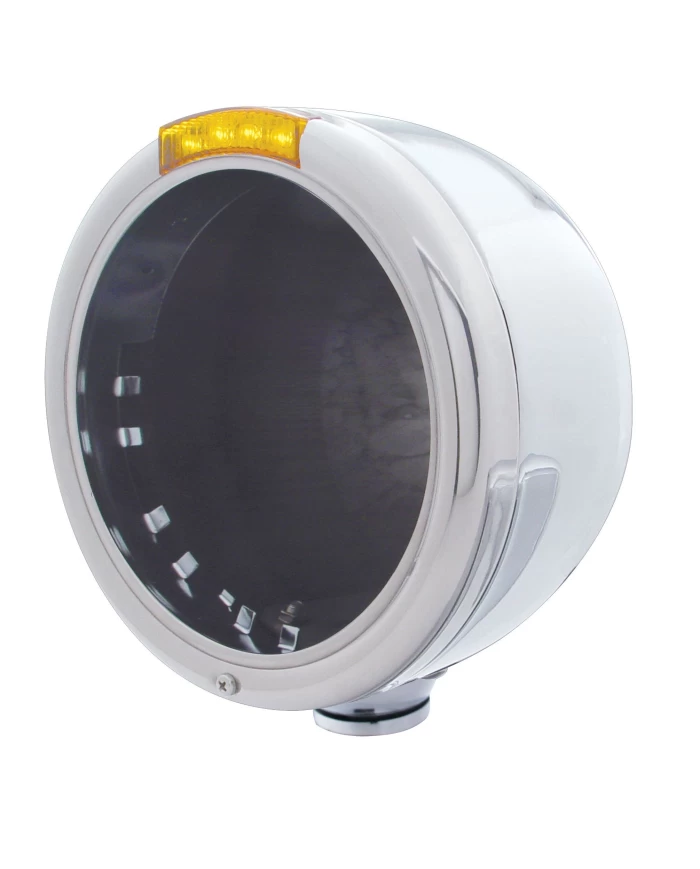 (BOX) STAINLESS STEEL "CLASSIC" HALF-MOON PETERBILT HEADLIGHT W/ 4 AMBER LED SIGNAL LIGHT - AMBER LENS