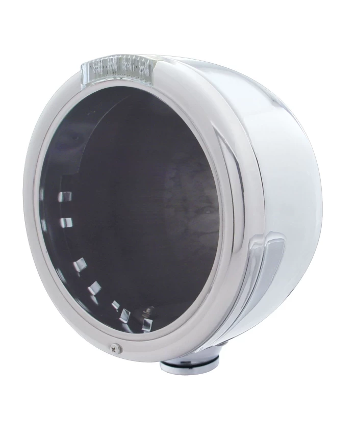 (BOX) STAINLESS STEEL "CLASSIC" HALF-MOON PETERBILT HEADLIGHT W/ 4 AMBER LED SIGNAL LIGHT - CLEAR LENS