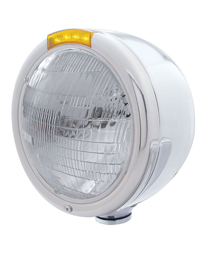 (BOX) S.S. "CLASSIC" HALF-MOON PETERBILT 6014 SEALED BEAM HEADLIGHT W/ 4 AMBER LED SIGNAL LIGHT - AMBER LENS