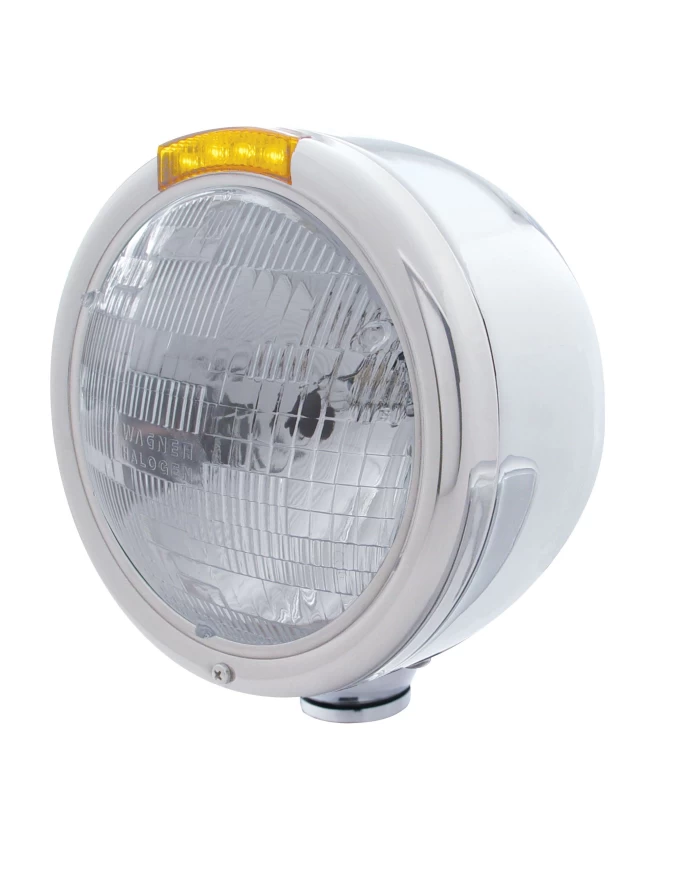 (BOX) S.S. "CLASSIC" HALF-MOON PETERBILT H6024 HALOGEN HEADLIGHT W/ 4 AMBER LED SIGNAL LIGHT - AMBER LENS (BOX) S.S. "CLASSIC" HALF-MOON PETERBILT H6024 HALOGEN HEADLIGHT W/ 4 AMBER LED SIGNAL LIGHT - AMBER LENS