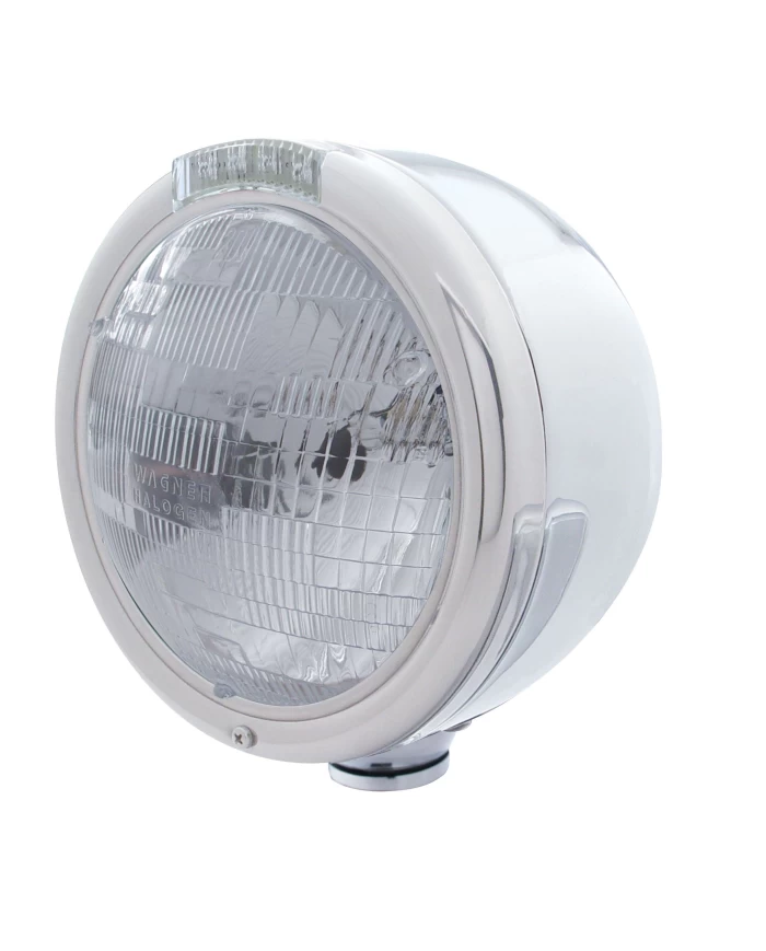 (BOX) S.S. "CLASSIC" HALF-MOON PETERBILT H6024 HALOGEN HEADLIGHT W/ 4 AMBER LED SIGNAL LIGHT - CLEAR LENS