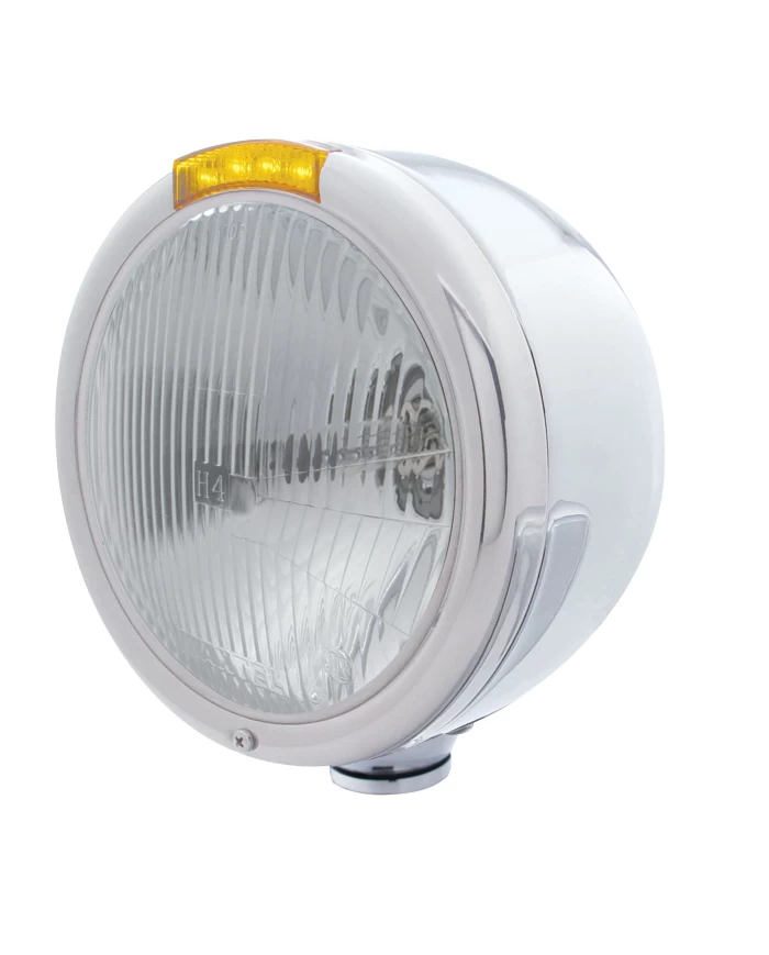 (BOX) S.S. "CLASSIC" HALF-MOON PETERBILT H4 HALOGEN HEADLIGHT W/ 4 AMBER LED SIGNAL LIGHT - AMBER LENS