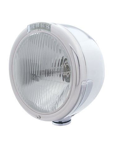 (BOX) S.S. "CLASSIC" HALF-MOON PETERBILT H4 HALOGEN HEADLIGHT W/ 4 AMBER LED SIGNAL LIGHT - CLEAR LENS (BOX) S.S. "CLASSIC" HALF-MOON PETERBILT H4 HALOGEN HEADLIGHT W/ 4 AMBER LED SIGNAL LIGHT - CLEAR LENS