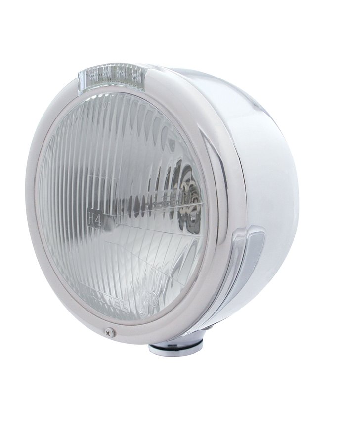 (BOX) S.S. "CLASSIC" HALF-MOON PETERBILT H4 HALOGEN HEADLIGHT W/ 4 AMBER LED SIGNAL LIGHT - CLEAR LENS