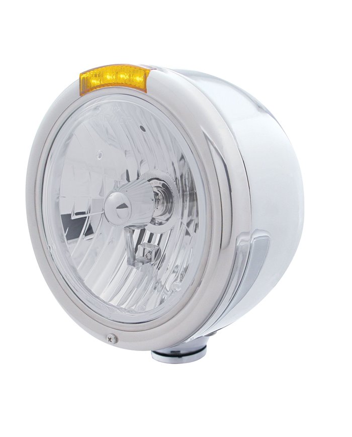 (BOX) S.S. "CLASSIC" HALF-MOON PETERBILT CRYSTAL H4 HALOGEN HEADLIGHT W/ 4 AMBER LED SIGNAL LIGHT - AMBER LENS