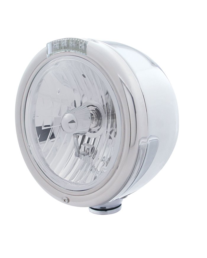 (BOX) S.S. "CLASSIC" HALF-MOON PETERBILT CRYSTAL H4 HALOGEN HEADLIGHT W/ 4 AMBER LED SIGNAL LIGHT - CLEAR LENS