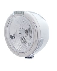 (BOX) S.S. "CLASSIC" HALF-MOON PETERBILT CRYSTAL H4 HALOGEN HEADLIGHT W/ 4 AMBER LED SIGNAL LIGHT - CLEAR LENS