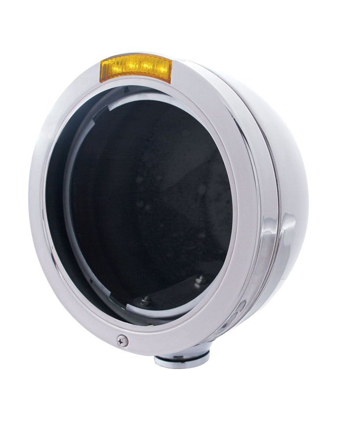 (BOX) STAINLESS STEEL "BULLET" PETERBILT HEADLIGHT W/ 4 AMBER LED SIGNAL LIGHT - AMBER LENS