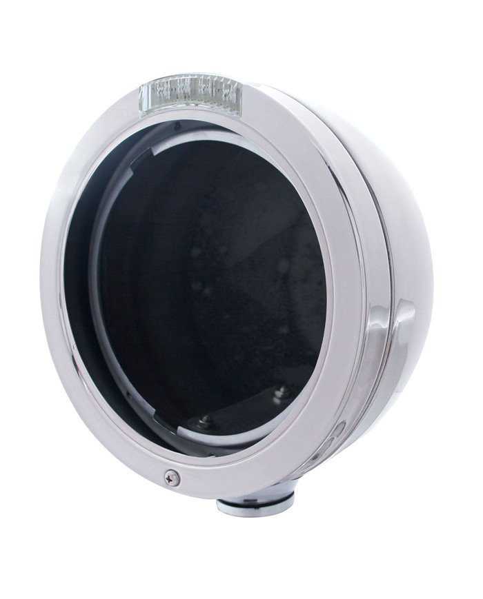 (BOX) STAINLESS STEEL "BULLET" PETERBILT HEADLIGHT W/ 4 AMBER LED SIGNAL LIGHT - CLEAR LENS