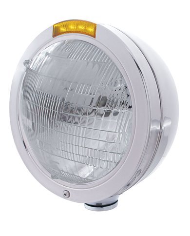 (BOX) STAINLESS STEEL "BULLET" PETERBILT 6014 SEALED BEAM HEADLIGHT W/ 4 AMBER LED SIGNAL LIGHT - AMBER LENS (BOX) STAINLESS STEEL "BULLET" PETERBILT 6014 SEALED BEAM HEADLIGHT W/ 4 AMBER LED SIGNAL LIGHT - AMBER LENS
