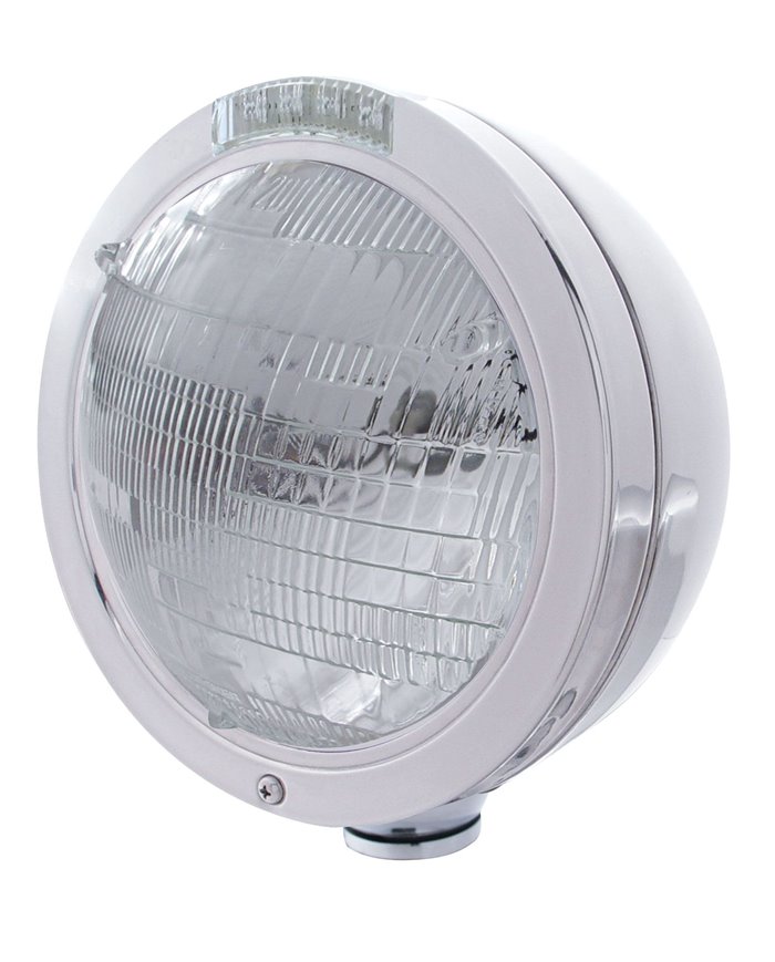 (BOX) STAINLESS STEEL "BULLET" PETERBILT 6014 SEALED BEAM HEADLIGHT W/ 4 AMBER LED SIGNAL LIGHT - CLEAR LENS