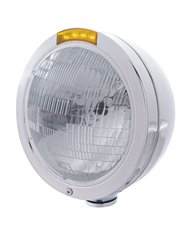 (BOX) STAINLESS STEEL "BULLET" PETERBILT H6024 HALOGEN HEADLIGHT W/ 4 AMBER LED SIGNAL LIGHT - AMBER LENS