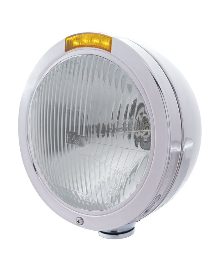 (BOX) STAINLESS STEEL "BULLET" PETERBILT H4 HALOGEN HEADLIGHT W/ 4 AMBER LED SIGNAL LIGHT - AMBER LENS