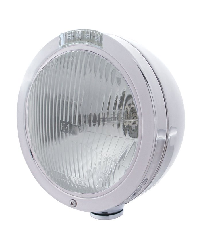 (BOX) STAINLESS STEEL "BULLET" PETERBILT H4 HALOGEN HEADLIGHT W/ 4 AMBER LED SIGNAL LIGHT - CLEAR LENS (BOX) STAINLESS STEEL "BULLET" PETERBILT H4 HALOGEN HEADLIGHT W/ 4 AMBER LED SIGNAL LIGHT - CLEAR LENS