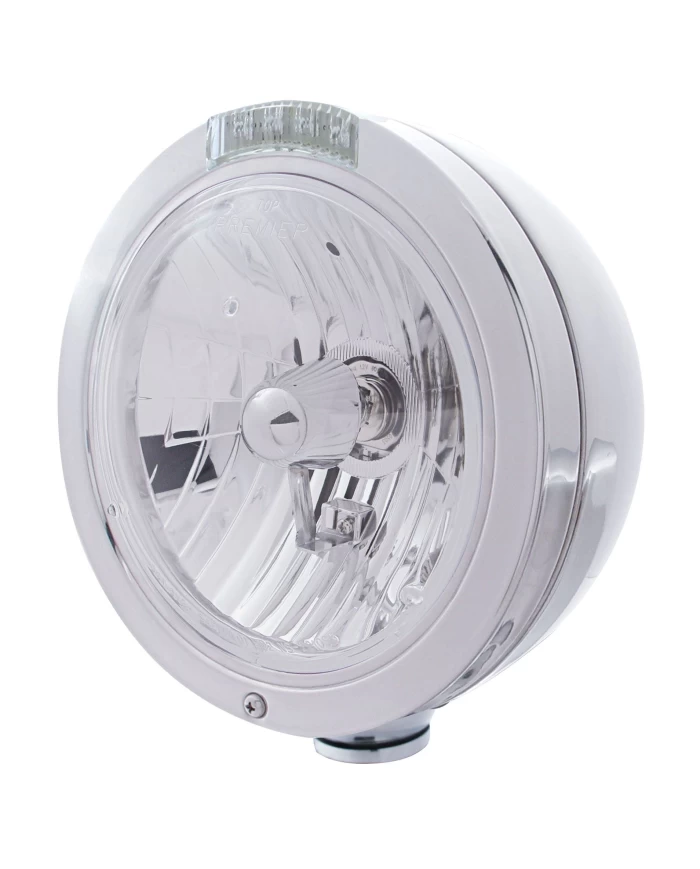 (BOX) S.S. "BULLET" PETERBILT CRYSTAL H4 HALOGEN HEADLIGHT W/ 4 AMBER LED SIGNAL LIGHT - CLEAR LENS