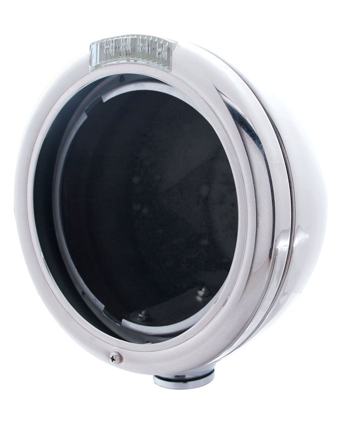 (BOX) STAINLESS STEEL "CLASSIC" PETERBILT HEADLIGHT W/ 4 AMBER LED SIGNAL LIGHT - CLEAR LENS