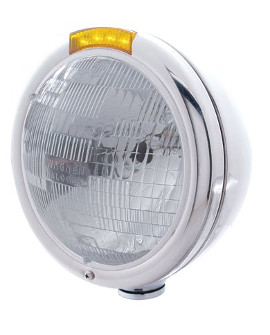 (BOX) STAINLESS STEEL "CLASSIC" PETERBILT H6024 HALOGEN HEADLIGHT W/ 4 AMBER LED SIGNAL LIGHT - AMBER LENS (BOX) STAINLESS STEEL "CLASSIC" PETERBILT H6024 HALOGEN HEADLIGHT W/ 4 AMBER LED SIGNAL LIGHT - AMBER LENS