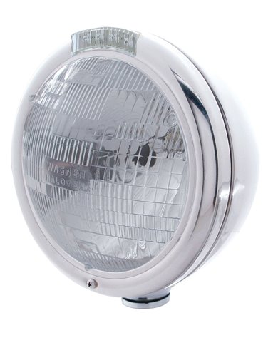 (BOX) STAINLESS STEEL "CLASSIC" PETERBILT H6024 HALOGEN HEADLIGHT W/ 4 AMBER LED SIGNAL LIGHT - CLEAR LENS (BOX) STAINLESS STEEL "CLASSIC" PETERBILT H6024 HALOGEN HEADLIGHT W/ 4 AMBER LED SIGNAL LIGHT - CLEAR LENS