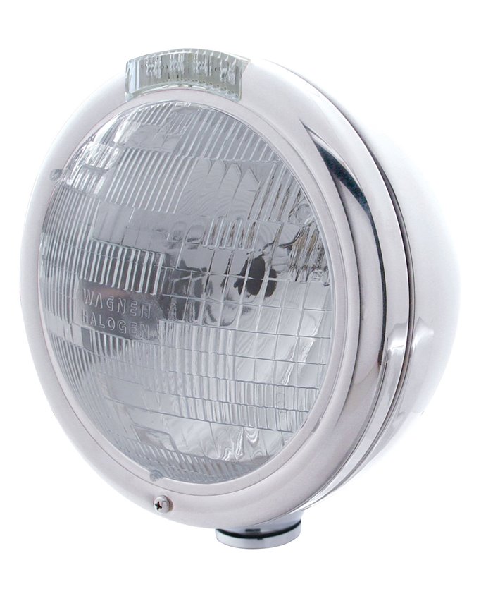 (BOX) STAINLESS STEEL "CLASSIC" PETERBILT H6024 HALOGEN HEADLIGHT W/ 4 AMBER LED SIGNAL LIGHT - CLEAR LENS