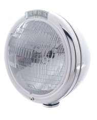 (BOX) STAINLESS STEEL "CLASSIC" PETERBILT H6024 HALOGEN HEADLIGHT W/ 4 AMBER LED SIGNAL LIGHT - CLEAR LENS