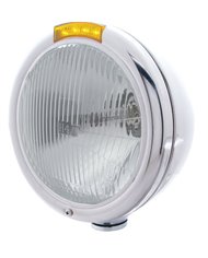 (BOX) STAINLESS STEEL "CLASSIC" PETERBILT H4 HALOGEN HEADLIGHT W/ 4 AMBER LED SIGNAL LIGHT - AMBER LENS