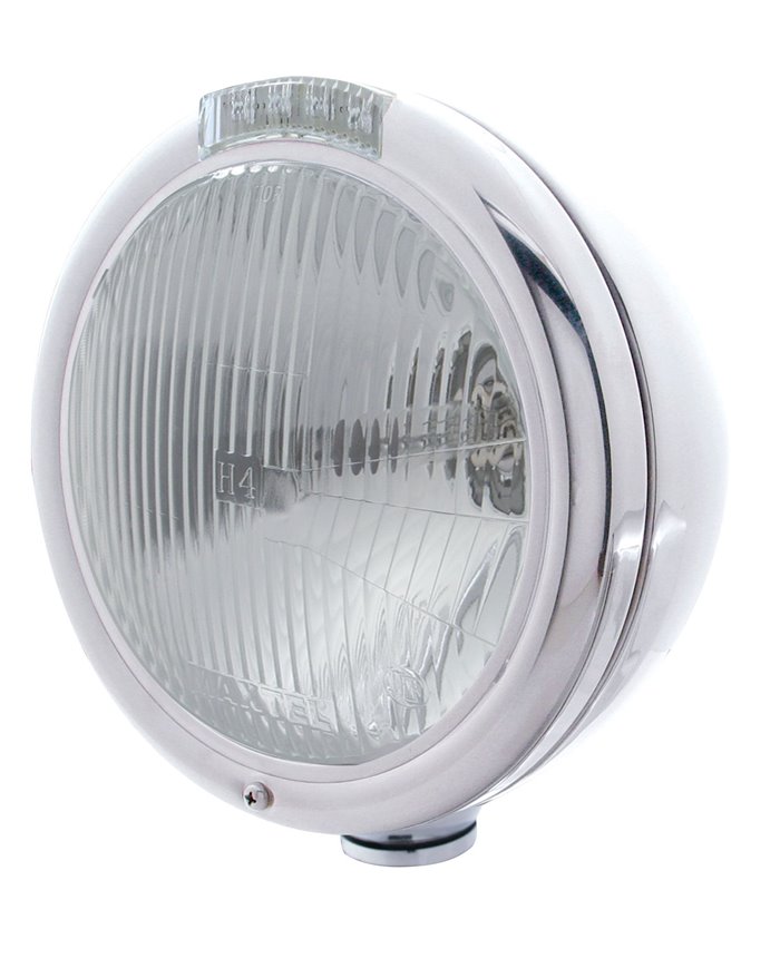 (BOX) STAINLESS STEEL "CLASSIC" PETERBILT H4 HALOGEN HEADLIGHT W/ 4 AMBER LED SIGNAL LIGHT - CLEAR LENS (BOX) STAINLESS STEEL "CLASSIC" PETERBILT H4 HALOGEN HEADLIGHT W/ 4 AMBER LED SIGNAL LIGHT - CLEAR LENS