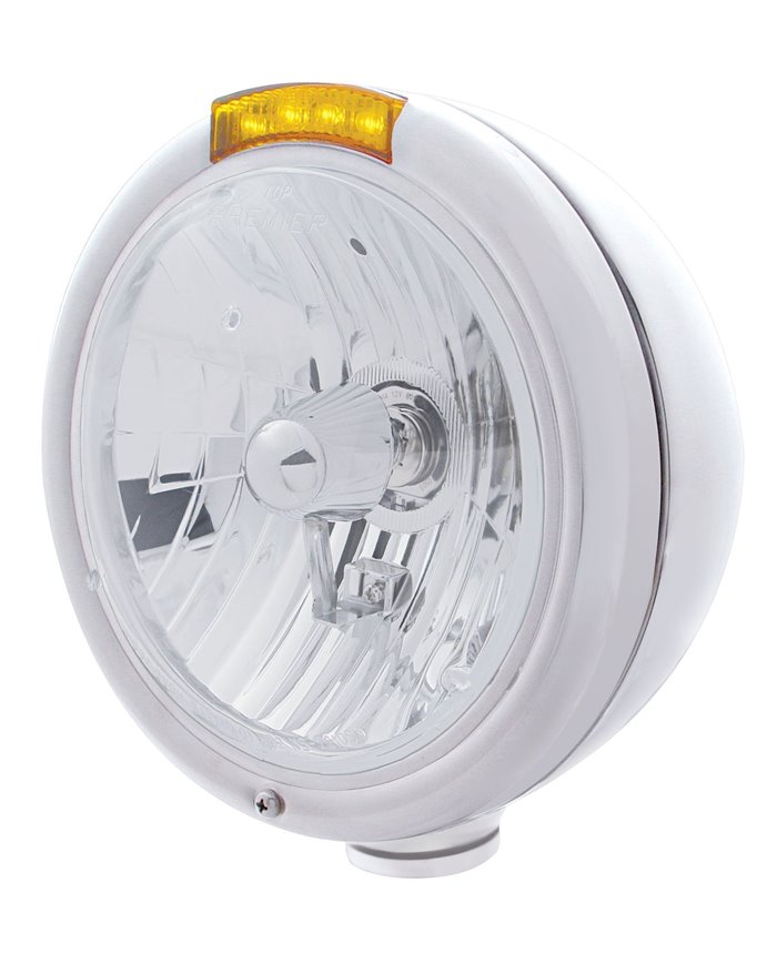 (BOX) S.S. "CLASSIC" PETERBILT CRYSTAL H4 HALOGEN HEADLIGHT W/ 4 AMBER LED SIGNAL LIGHT - AMBER LENS