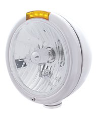 (BOX) S.S. "CLASSIC" PETERBILT CRYSTAL H4 HALOGEN HEADLIGHT W/ 4 AMBER LED SIGNAL LIGHT - AMBER LENS