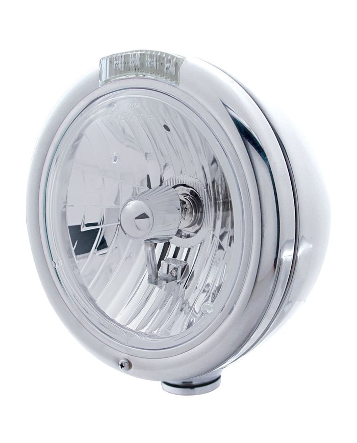 (BOX) S.S. "CLASSIC" PETERBILT CRYSTAL H4 HALOGEN HEADLIGHT W/ 4 AMBER LED SIGNAL LIGHT - CLEAR LENS