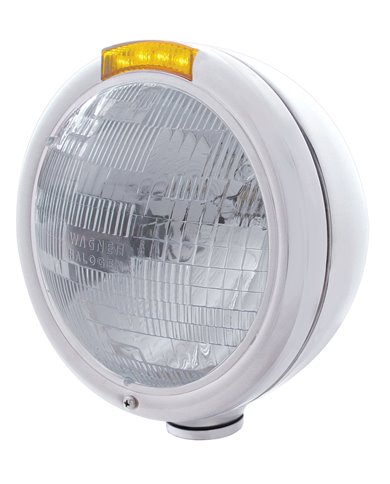 (BOX) CHROME "CLASSIC" PETERBILT H6024 HALOGEN HEADLIGHT W/ 4 AMBER LED SIGNAL LIGHT - AMBER LENS (BOX) CHROME "CLASSIC" PETERBILT H6024 HALOGEN HEADLIGHT W/ 4 AMBER LED SIGNAL LIGHT - AMBER LENS