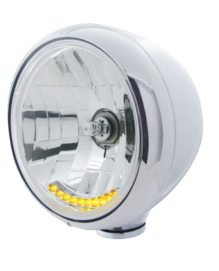 (BOX) STAINLESS STEEL CLASSIC "GUIDE" HEADLIGHT WITH 10 AMBER LED CRYSTAL HALOGEN HEADLIGHT BULB