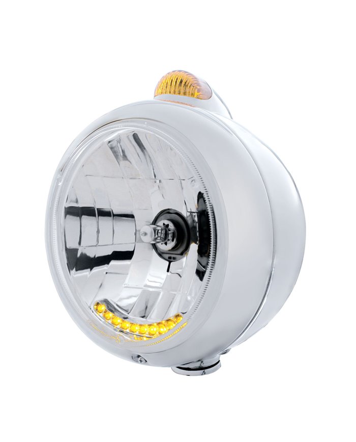 (BOX) S.S. "GUIDE" HEADLIGHT W/ AMBER DUAL FUNCTION TOP MOUNT LIGHT - 10 AMBER LED CRYSTAL HALOGEN