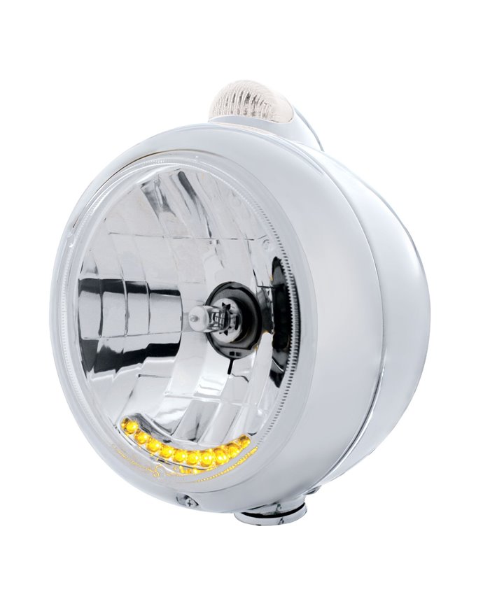 (BOX) S.S. "GUIDE" HEADLIGHT W/ AMBER/CLEAR DUAL FUNCTION TOP MOUNT LIGHT - 10 AMBER LED CRYSTAL HALOGEN