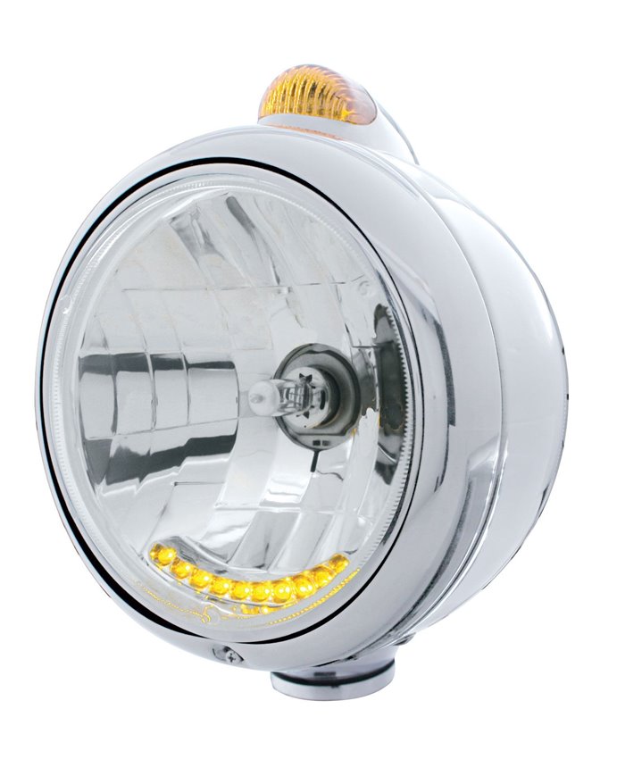 (BOX) CHROME "GUIDE" HEADLIGHT W/ AMBER DUAL FUNCTION TOP MOUNT LIGHT - 10 AMBER LED CRYSTAL HALOGEN