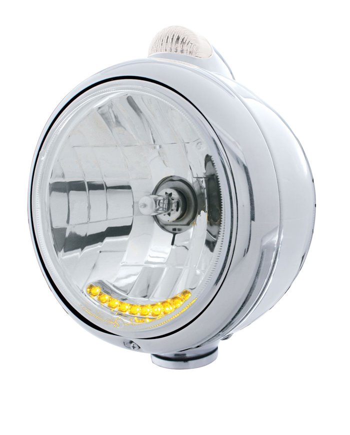(BOX) CHROME "GUIDE" HEADLIGHT W/ AMBER/CLEAR DUAL FUNCTION TOP MOUNT LIGHT - 10 AMBER LED CRYSTAL HALOGEN