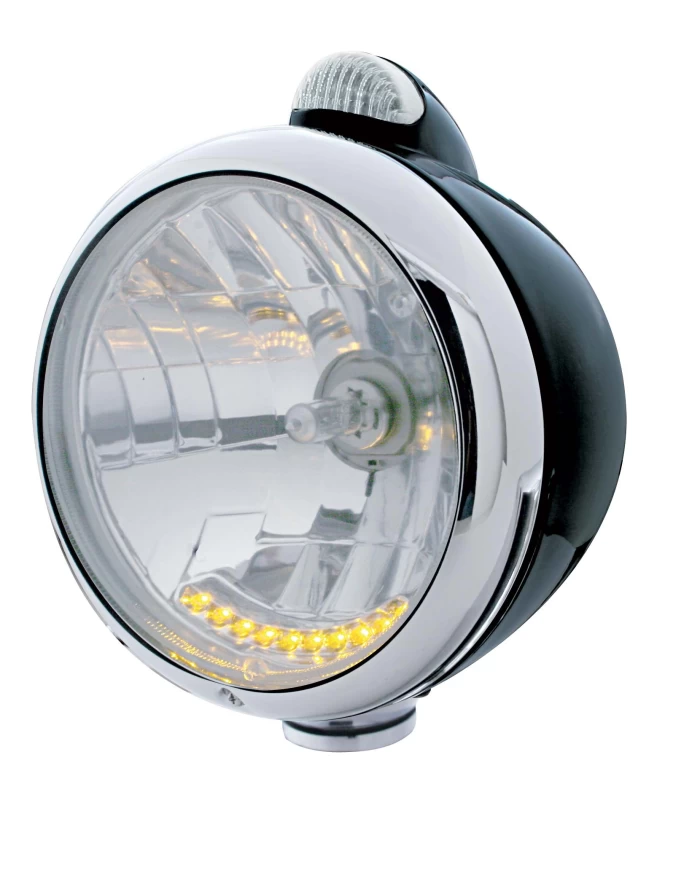 (BOX) BLACK "GUIDE" HEADLIGHT W/ AMBER/CLEAR SINGLE FUNCTION TOP MOUNT LIGHT - 10 AMBER LED CRYSTAL HALOGEN (BOX) BLACK "GUIDE" HEADLIGHT W/ AMBER/CLEAR SINGLE FUNCTION TOP MOUNT LIGHT - 10 AMBER LED CRYSTAL HALOGEN