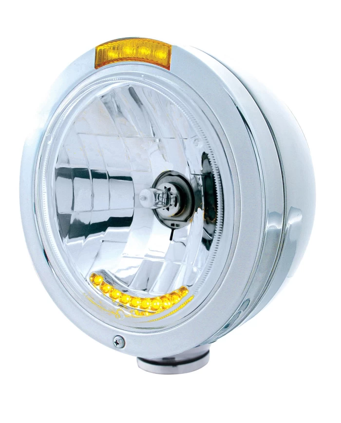 (BOX) S.S. "BULLET" PB HEADLIGHT W/ AMBER DUAL FUNCTION SIGNAL LIGHT - 10 AMBER LED CRYSTAL HALOGEN (BOX) S.S. "BULLET" PB HEADLIGHT W/ AMBER DUAL FUNCTION SIGNAL LIGHT - 10 AMBER LED CRYSTAL HALOGEN