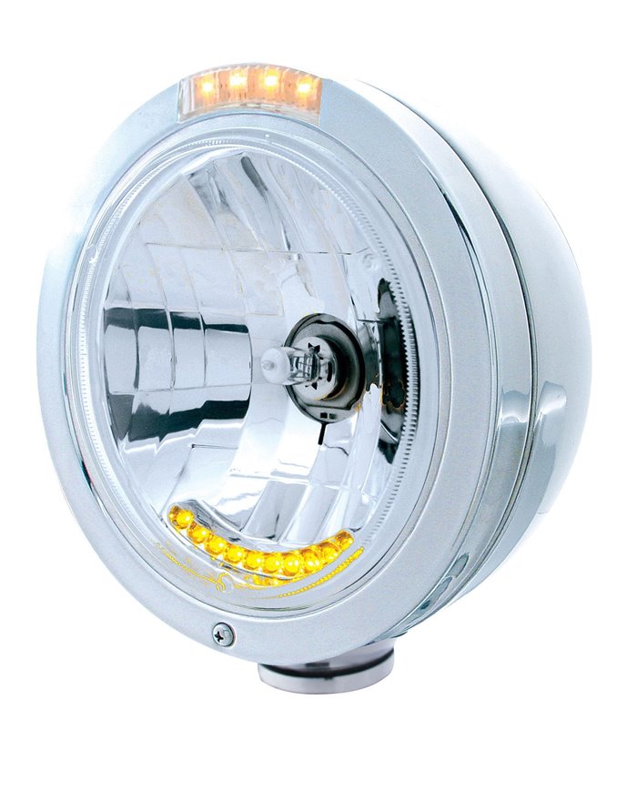 (BOX) S.S. "BULLET" PB HEADLIGHT W/ AMBER/CLEAR DUAL FUNCTION SIGNAL LIGHT - 10 AMBER LED CRYSTAL HALOGEN