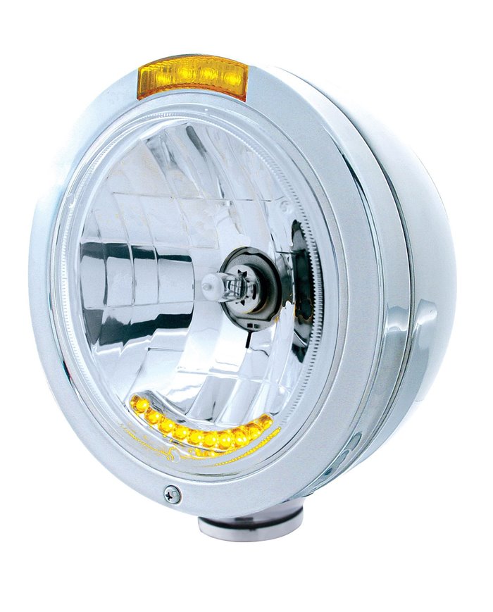 (BOX) S.S. "BULLET" PB HEADLIGHT W/ AMBER SINGLE FUNCTION SIGNAL LIGHT - 10 AMBER LED CRYSTAL HALOGEN