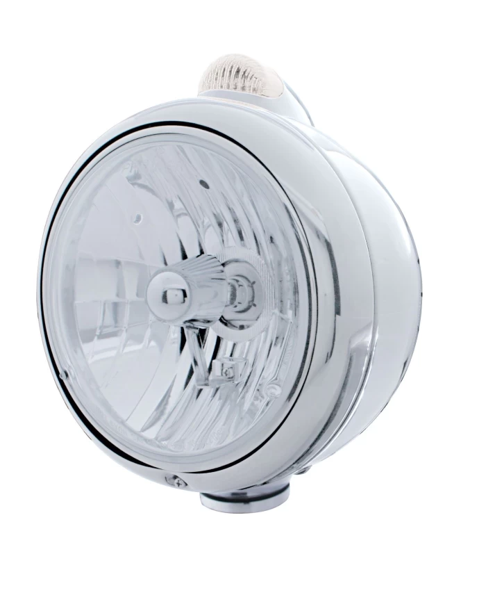 (BOX) S.S. "GUIDE" CRYSTAL H4 HALOGEN HEADLIGHT WITH 5 AMBER LED DUAL FUNCTION TOP MOUNT LIGHT - CLEAR LENS