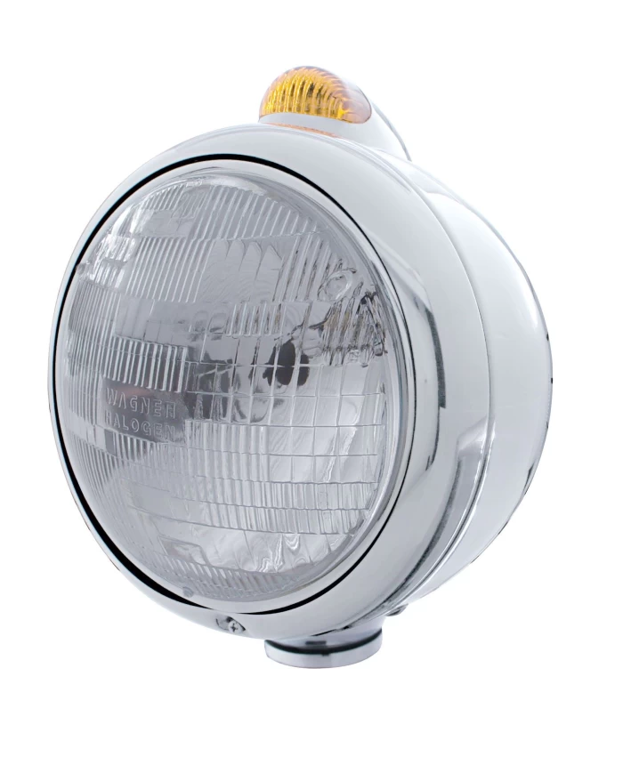 (BOX) CHROME "GUIDE" H6024 HALOGEN HEADLIGHT WITH 5 AMBER LED DUAL FUNCTION TOP MOUNT LIGHT - AMBER LENS