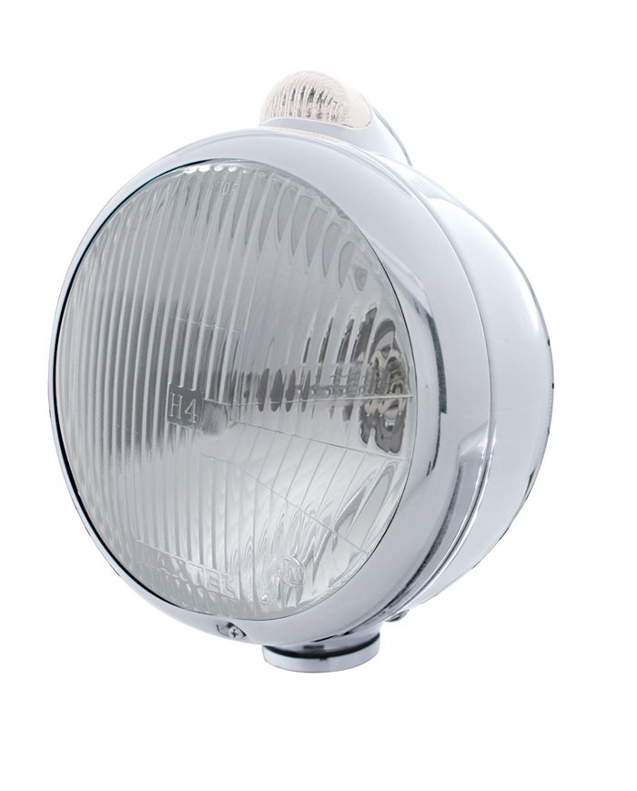 (BOX) CHROME "GUIDE" H4 HALOGEN HEADLIGHT WITH 5 AMBER LED DUAL FUNCTION TOP MOUNT LIGHT - CLEAR LENS