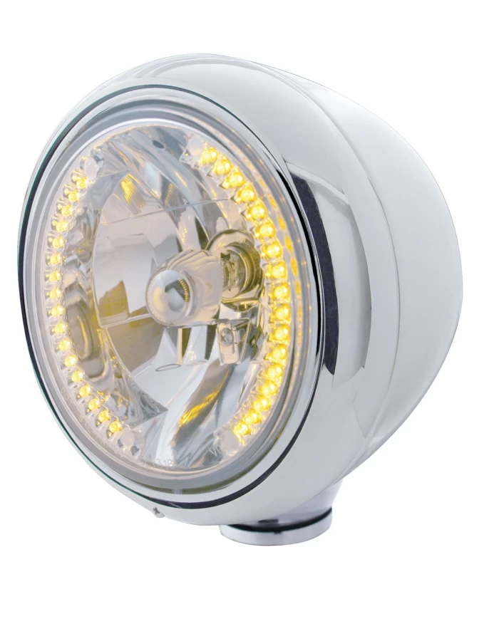 (BOX) STAINLESS STEEL CLASSIC "GUIDE" HEADLIGHT W/ 34 AMBER LED CRYSTAL HALOGEN