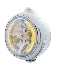 (BOX) STAINLESS STEEL "GUIDE" HEADLIGHT W/ AMBER/CLEAR TOP MOUNT LIGHT - 34 AMBER LED CRYSTAL HALOGEN
