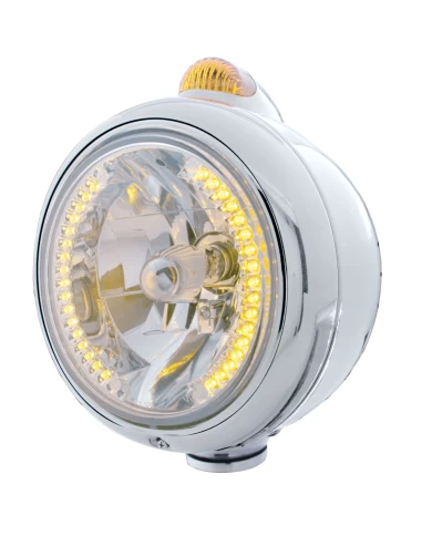 (BOX) CHROME "GUIDE" HEADLIGHT W/ AMBER DUAL FUNCTION TOP MOUNT LIGHT - 34 AMBER LED CRYSTAL HALOGEN