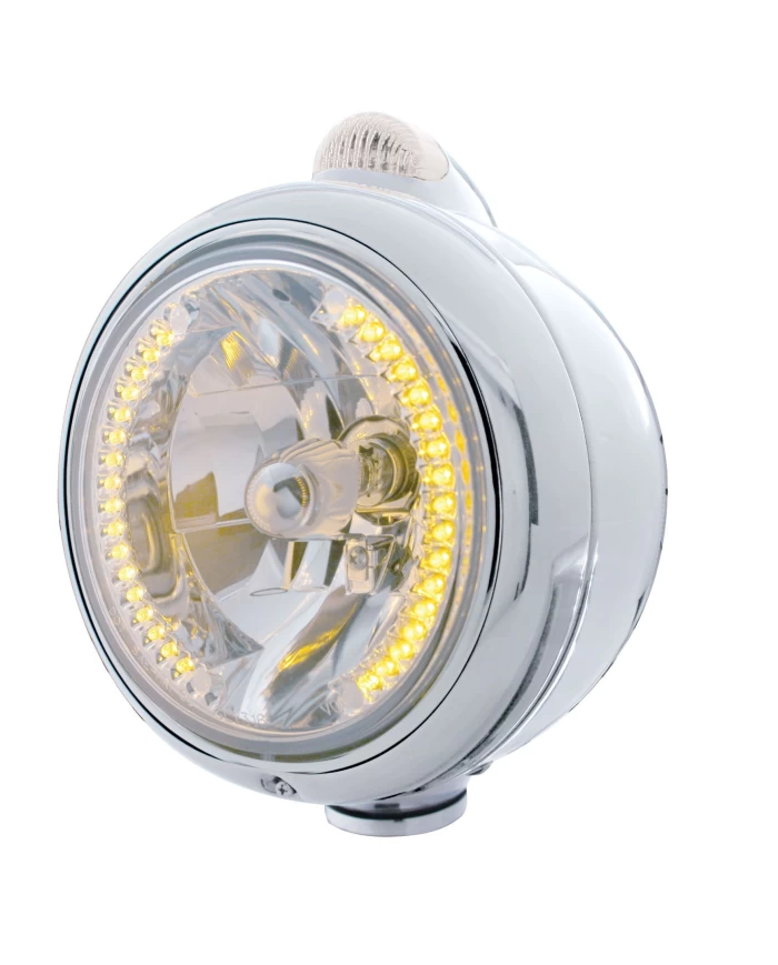 (BOX) CHROME "GUIDE" HEADLIGHT W/ AMBER/CLEAR TOP MOUNT LIGHT - 34 AMBER LED CRYSTAL HALOGEN